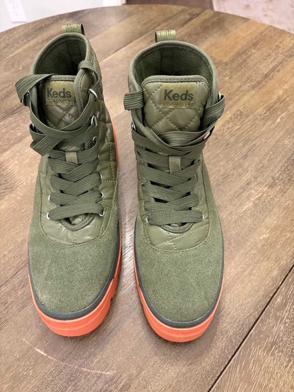 Keds Combat Boots Quilted Nylon Army Green with Coral Soles Women's 8.5 - Picture 4 of 9